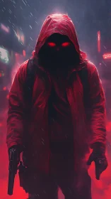 Red hooded vigilante walks through neon rain with purpose