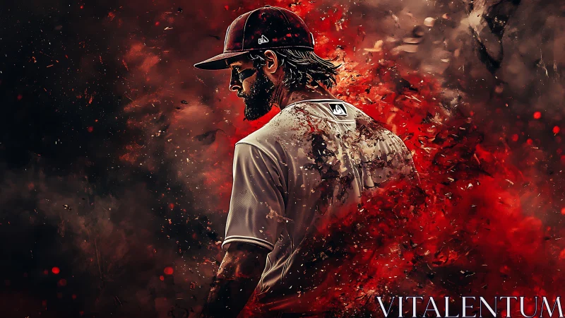 Digital painting of a baseball player dissolving into red smoke.
