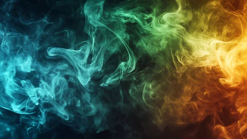 Multicolored wisps of smoke on dark gradient background.