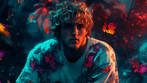 Dreamy night garden portrait with glowing butterflies.