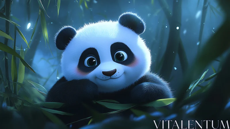 Cute baby panda rests in glowing bamboo forest at night
