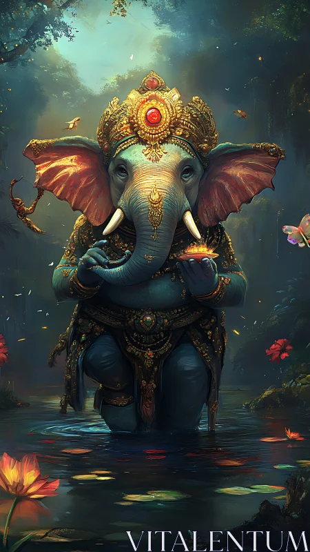 Ornate elephant-headed deity figure standing in forest pool.