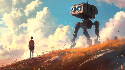 Boy and gentle robot stride beneath colossal storybook sky.