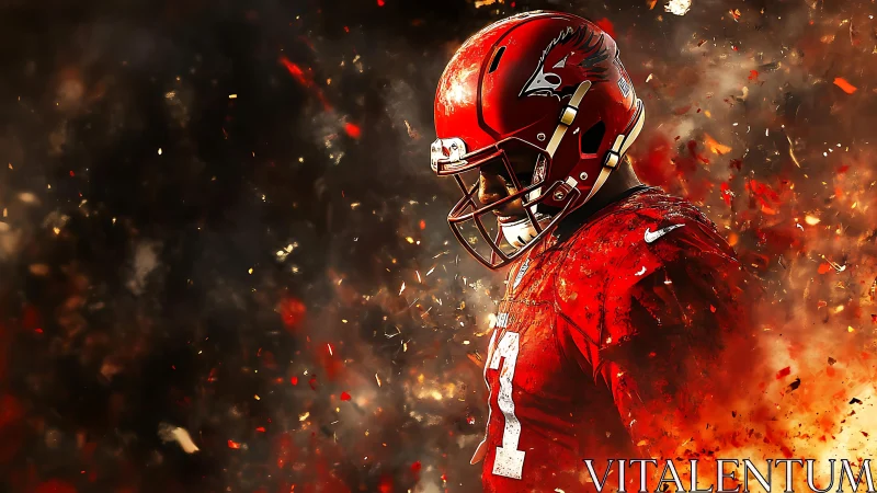 American football player in red uniform stands amid sparks