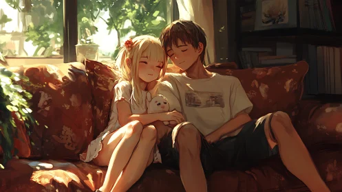 Couple on Couch in Sunlit Room with Books and Plants