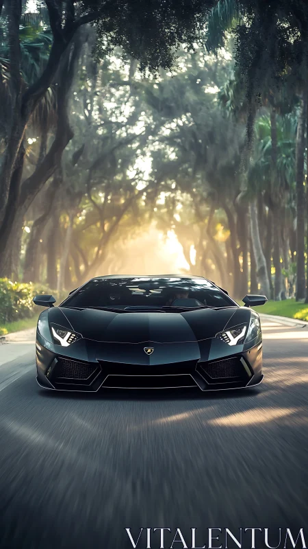 Midnight supercar gliding through a misty forest road.