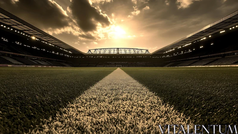 Empty football stadium field under dramatic golden sunset