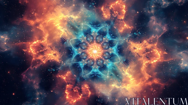 Stellar nebula mandala glows in blue and orange symmetry.