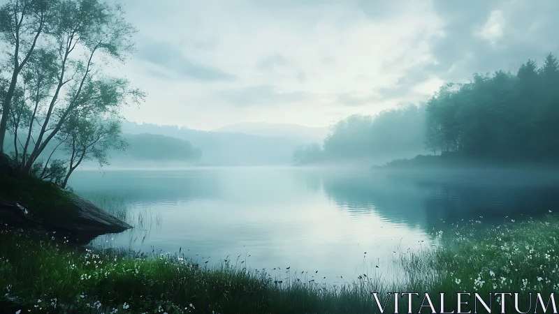 Mist-covered lake and tree line reflect in calm morning water