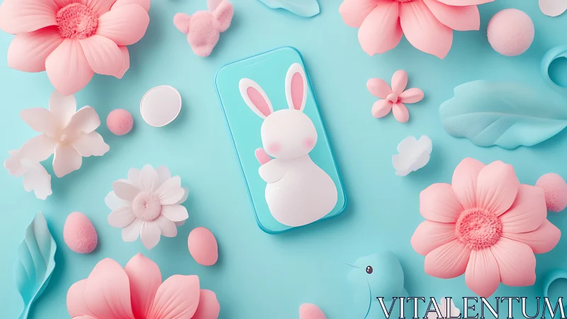 Smartphone with rabbit-shaped case among pastel objects