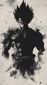 Monochrome warrior silhouette emerges from splattered ink