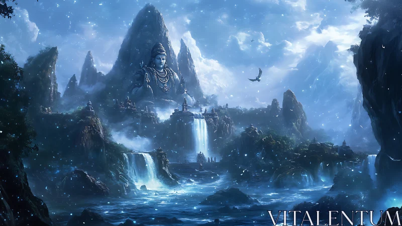 Sky-drenched mountain temple and colossal serene deity. Period.