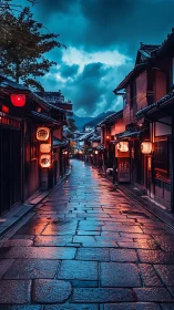 Rainwashed Kyoto alley glows under storm-brightened dusk sky.