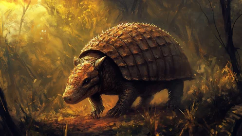 Armored forest wanderer drifts through molten amber light