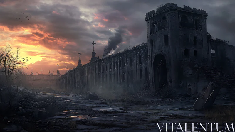 Lonely ruined fortress under a moody, glowing sunset sky.