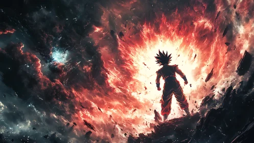 Starlit warrior strides into a roaring cosmic firestorm