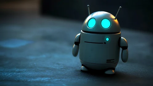 Compact teal-lit service robot rendered with soft bokeh depth