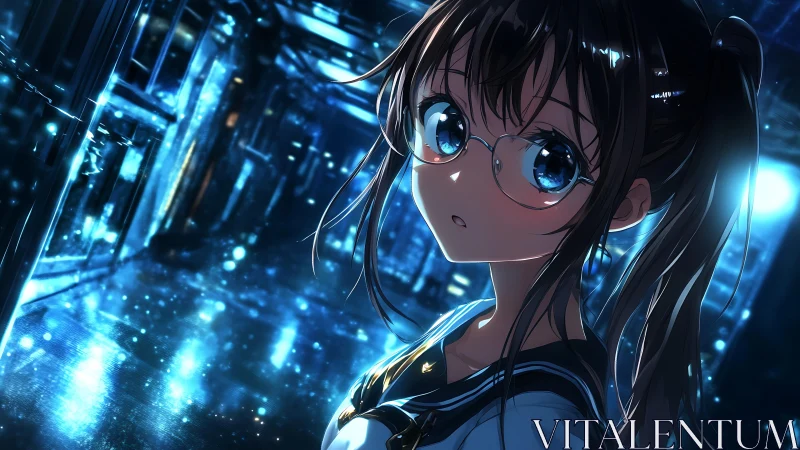 Cyber-lit anime schoolgirl rendered in luminous corridor scene