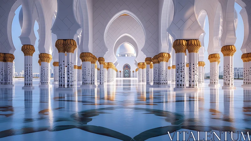 Sunlit marble colonnade quietly ripples across mirrored floors