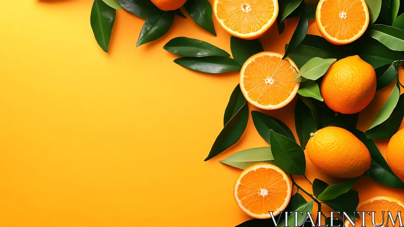 Sliced and whole oranges arranged with glossy leaves on uniform yellow