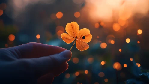 Hand holding four-petal leaf against blurred sunset bokeh.