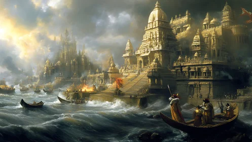 Stormlit temple city rises above turbulent mythic seas
