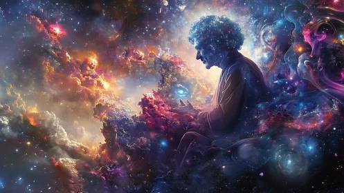 Cosmic thinker cradles newborn galaxies in swirling nebulae