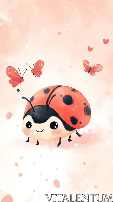 Cartoon ladybug stands on pink ground with flying butterflies