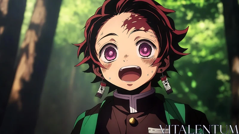 Anime swordsman portrait with expressive forest lighting.