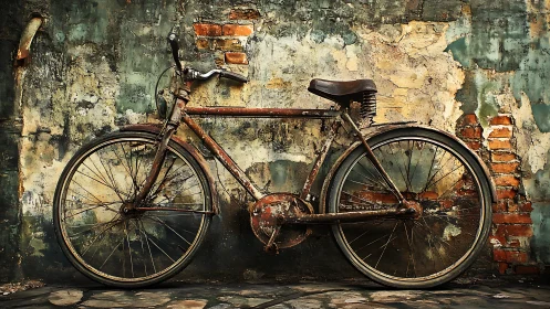 Oxidized Heritage Bicycle Against Weathered Plaster and Exposed Brick