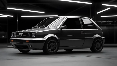 Retro hot hatch prowls beneath neon-lit geometric tunnels