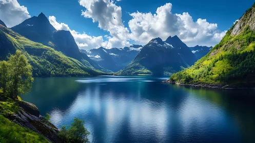 Mountain fjord lake under dramatic clouds and vivid greenery.