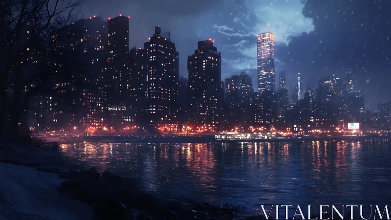 Snowy winter city skyline glows across reflective river