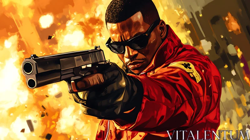 Man in red jacket aiming handgun amid explosion backdrop.