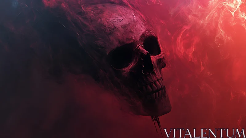 Eroded skull emerges from crimson smoke in haunting void