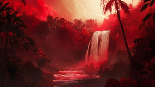 Crimson jungle waterfall hums softly beneath molten skies