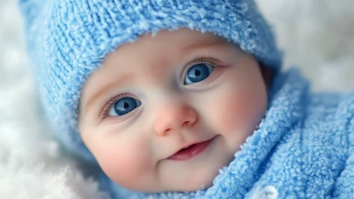 Baby in Blue Winter Hat and Blanket Smiling
