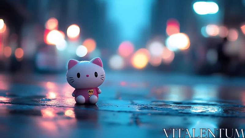 Toy cat figure on wet city street at night in neon light.