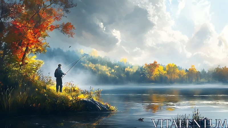 Fisherman standing by misty autumn lake under bright clouds.