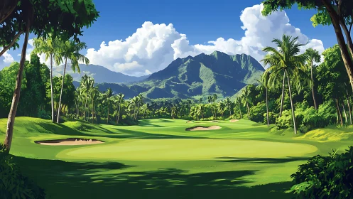 Lush tropical golf fairway with distant mountain backdrop digital.