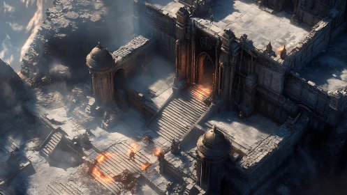 Ruined mountain citadel with fiery gate assault scene.