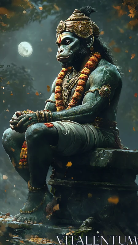 Divine simian warrior sits in moonlit forest ruins