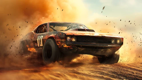 Racing muscle car sliding through dust on off road track.
