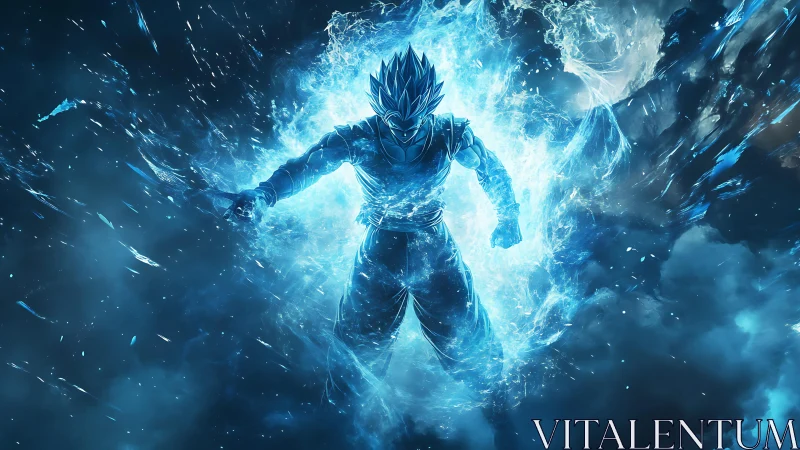 Blazing blue warrior surging forward in a storm of energy.