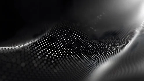 Abstract digital waves with glowing white dots on black background.