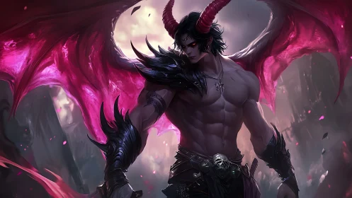 Brooding winged demon lord under crimson stormlight.