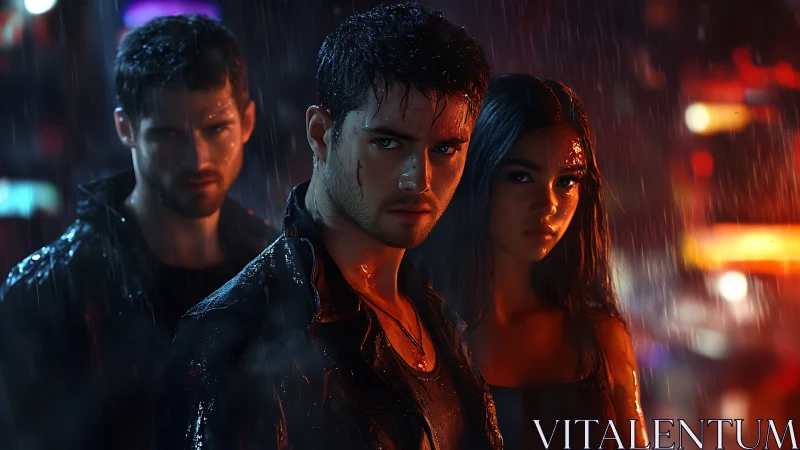 Brooding trio under neon rain in tense urban standoff.