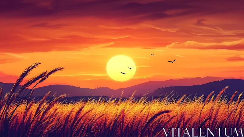 Glowing harvest meadow beneath radiant orange sunset sky.