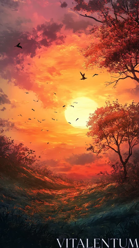 Sunset landscape shows glowing sun behind red autumn trees