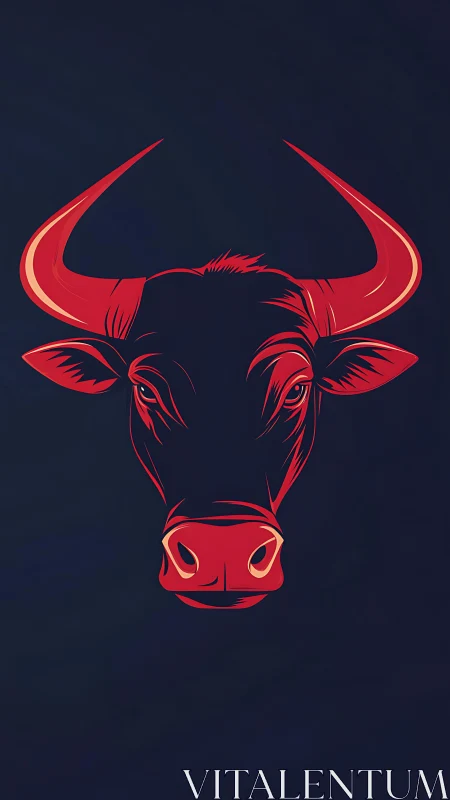 Red bull head illustration on dark background, frontal view.